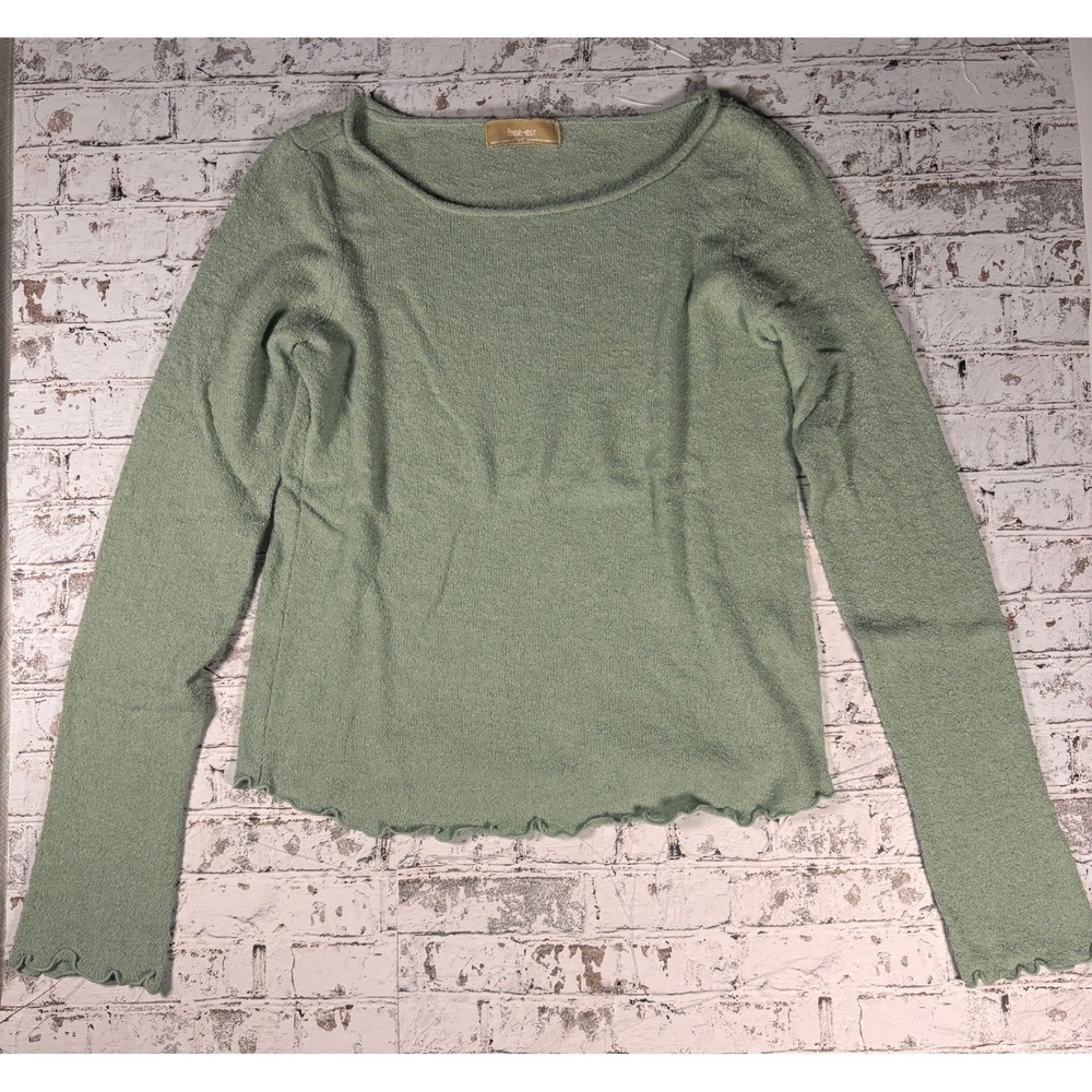 Free People Free-est Sage Green Textured Lettuce Edge Knit Top Large OB1628163 - Picture 1 of 4